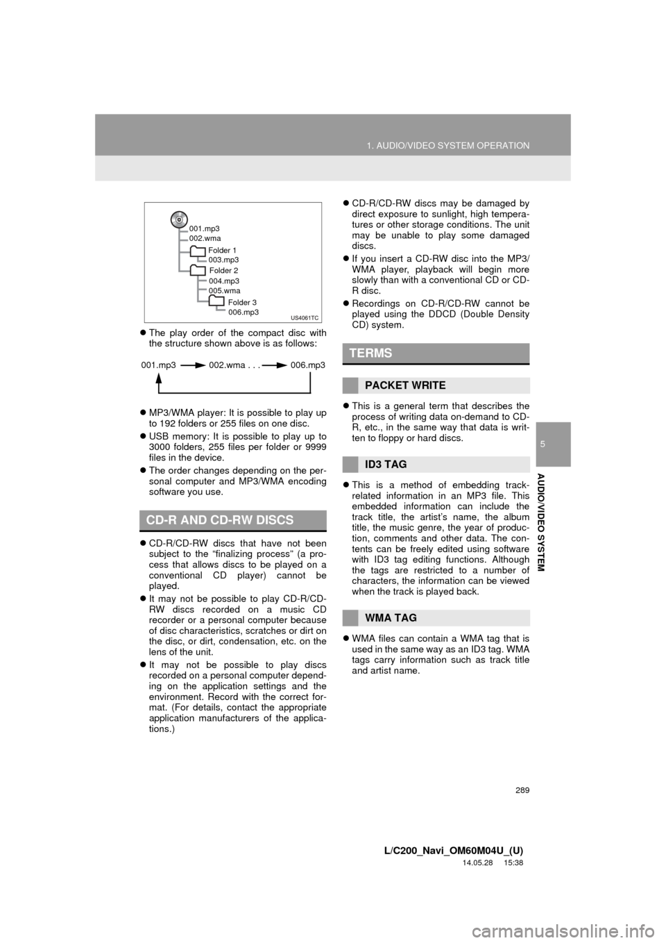 TOYOTA LAND CRUISER 2015 J200 Navigation Manual 289
1. AUDIO/VIDEO SYSTEM OPERATION
5
AUDIO/VIDEO SYSTEM
L/C200_Navi_OM60M04U_(U)
14.05.28 15:38
The play order of the compact disc with
the structure shown above is as follows:
MP3/WMA pla TOYOTA LAND CRUISER 2015 J200 Navigation Manual 289
1. AUDIO/VIDEO SYSTEM OPERATION
5
AUDIO/VIDEO SYSTEM
L/C200_Navi_OM60M04U_(U)
14.05.28 15:38
The play order of the compact disc with
the structure shown above is as follows:
MP3/WMA pla