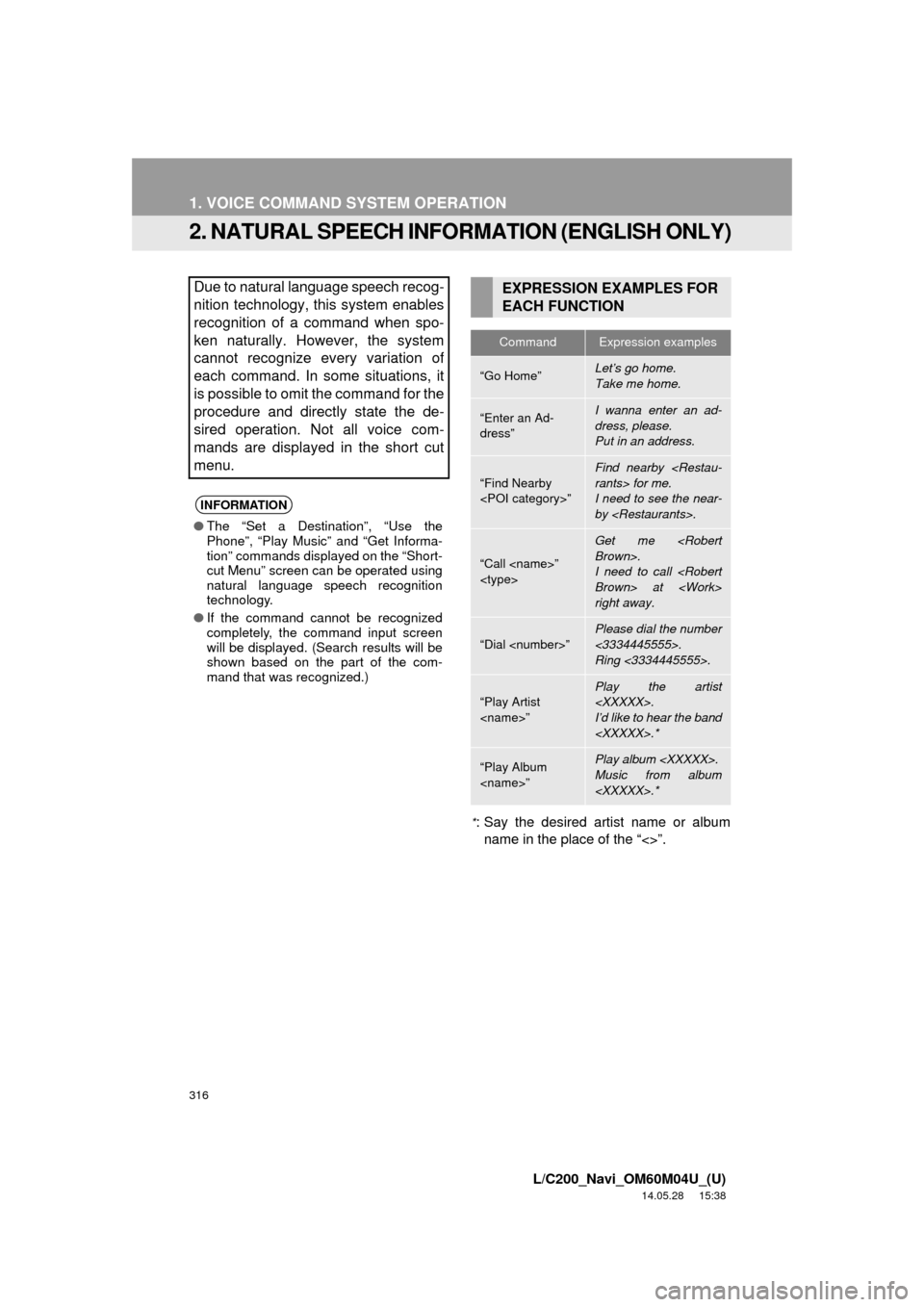 TOYOTA LAND CRUISER 2015 J200 Navigation Manual 316
1. VOICE COMMAND SYSTEM OPERATION
L/C200_Navi_OM60M04U_(U)
14.05.28 15:38
2. NATURAL SPEECH INFORMATION (ENGLISH ONLY)
*: Say the desired artist name or album
name in the place of the “<>” TOYOTA LAND CRUISER 2015 J200 Navigation Manual 316
1. VOICE COMMAND SYSTEM OPERATION
L/C200_Navi_OM60M04U_(U)
14.05.28 15:38
2. NATURAL SPEECH INFORMATION (ENGLISH ONLY)
*: Say the desired artist name or album
name in the place of the “<>”