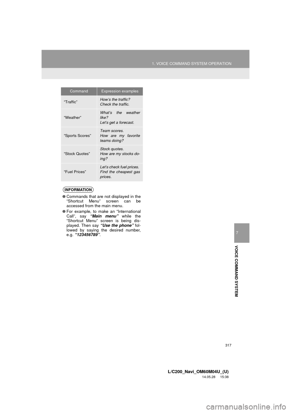TOYOTA LAND CRUISER 2015 J200 Navigation Manual 317
1. VOICE COMMAND SYSTEM OPERATION
7
VOICE COMMAND SYSTEM
L/C200_Navi_OM60M04U_(U)
14.05.28 15:38
CommandExpression examples
“Traffic”How’s the traffic?
Check the traffic.
“Weather”W TOYOTA LAND CRUISER 2015 J200 Navigation Manual 317
1. VOICE COMMAND SYSTEM OPERATION
7
VOICE COMMAND SYSTEM
L/C200_Navi_OM60M04U_(U)
14.05.28 15:38
CommandExpression examples
“Traffic”How’s the traffic?
Check the traffic.
“Weather”W