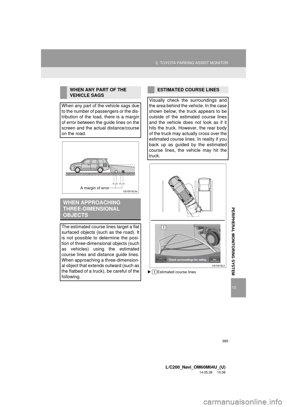 TOYOTA LAND CRUISER 2015 J200 Navigation Manual 385
2. TOYOTA PARKING ASSIST MONITOR
10
PERIPHERAL MONITORING SYSTEM
L/C200_Navi_OM60M04U_(U)
14.05.28 15:38
Estimated course lines
WHEN ANY PART OF THE
VEHICLE SAGS
When any part of the vehic TOYOTA LAND CRUISER 2015 J200 Navigation Manual 385
2. TOYOTA PARKING ASSIST MONITOR
10
PERIPHERAL MONITORING SYSTEM
L/C200_Navi_OM60M04U_(U)
14.05.28 15:38
Estimated course lines
WHEN ANY PART OF THE
VEHICLE SAGS
When any part of the vehic
