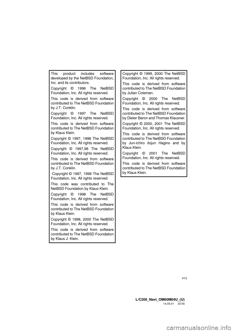 TOYOTA LAND CRUISER 2015 J200 Navigation Manual 413
L/C200_Navi_OM60M04U_(U)
14.05.01 20:55
This product includes software
developed by the NetBSD Foundation,
Inc. and its contributors.
Copyright © 1996 The NetBSD
Foundation, Inc. All rights r TOYOTA LAND CRUISER 2015 J200 Navigation Manual 413
L/C200_Navi_OM60M04U_(U)
14.05.01 20:55
This product includes software
developed by the NetBSD Foundation,
Inc. and its contributors.
Copyright © 1996 The NetBSD
Foundation, Inc. All rights r