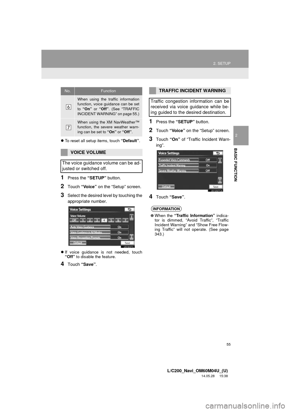 TOYOTA LAND CRUISER 2015 J200 Navigation Manual 55
2. SETUP
2
BASIC FUNCTION
L/C200_Navi_OM60M04U_(U)
14.05.28 15:38
ďŹTo reset all setup items, touch âDefaultâ.
1Press the âSETUPâ button.
2Touch âVoiceâ on the âSetupâ screen TOYOTA LAND CRUISER 2015 J200 Navigation Manual 55
2. SETUP
2
BASIC FUNCTION
L/C200_Navi_OM60M04U_(U)
14.05.28 15:38
ďŹTo reset all setup items, touch âDefaultâ.
1Press the âSETUPâ button.
2Touch âVoiceâ on the âSetupâ screen