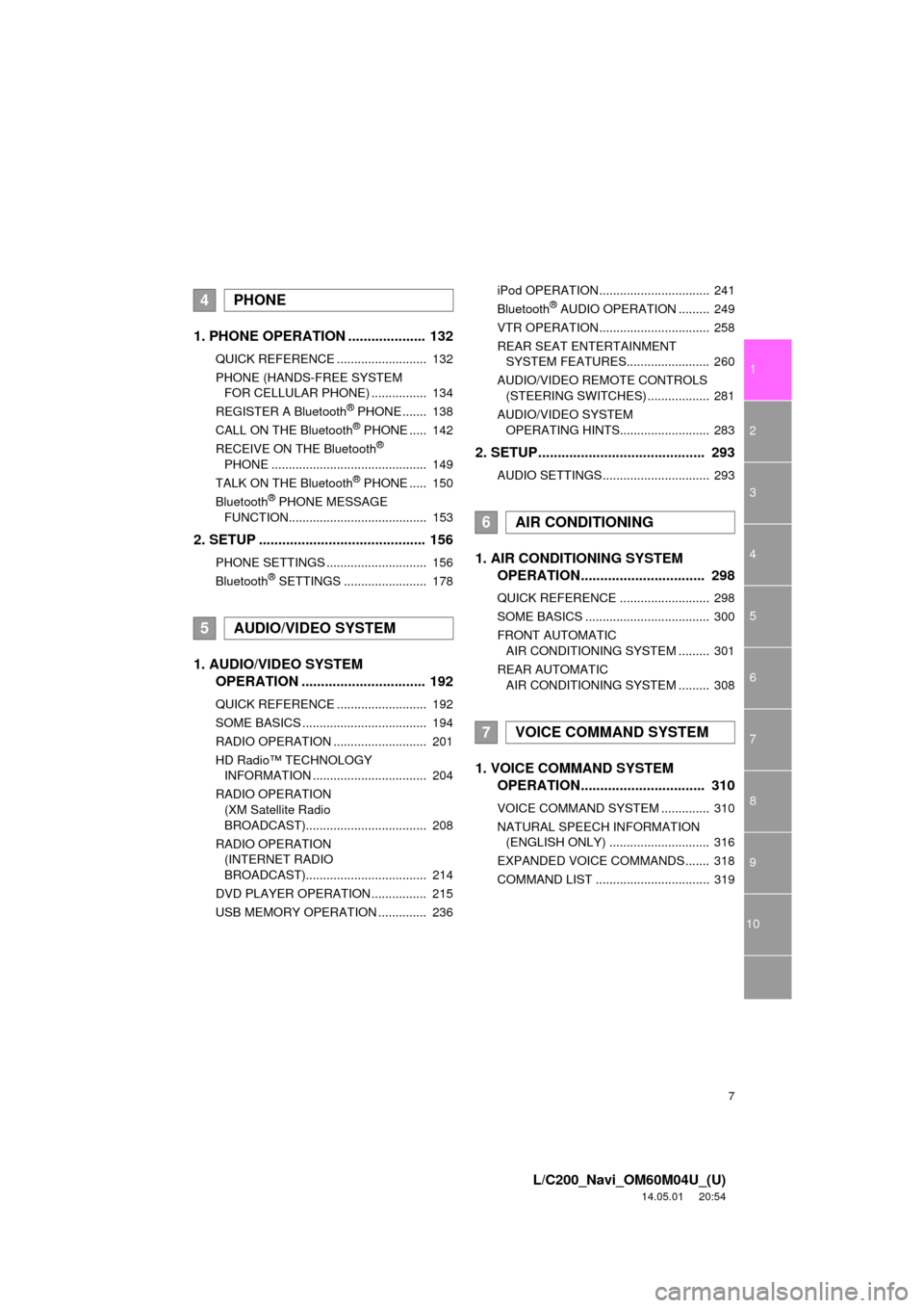 TOYOTA LAND CRUISER 2015 J200 Navigation Manual 7
1
2
3
4
5
6
7
8
9
L/C200_Navi_OM60M04U_(U)
14.05.01     20:54
10
1. PHONE OPERATION .................... 132
QUICK REFERENCE ..........................  132
PHONE (HANDS-FREE SYSTEM FOR CELLULAR PHO