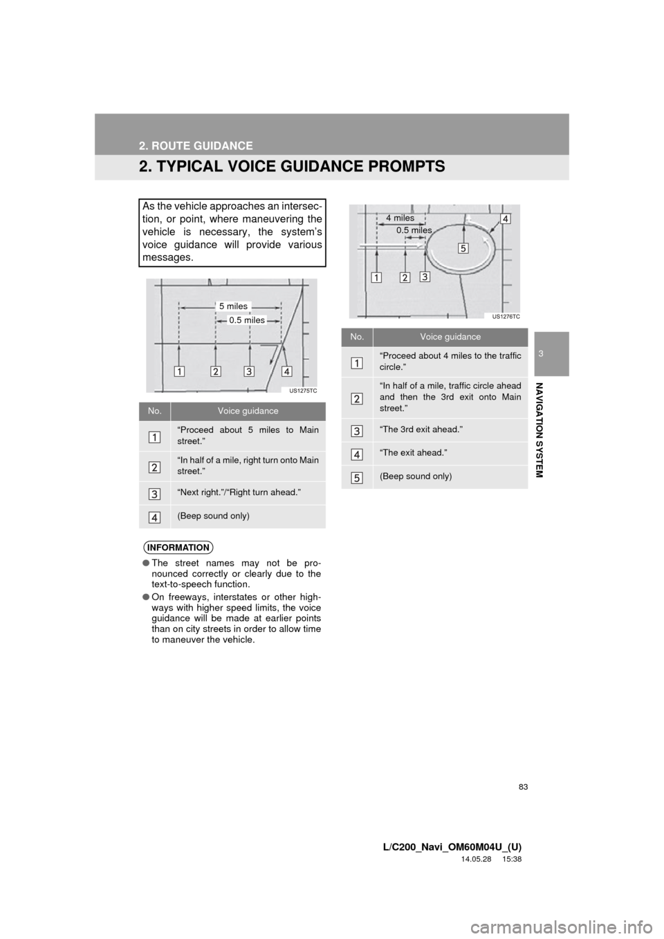 TOYOTA LAND CRUISER 2015 J200 Navigation Manual 83
2. ROUTE GUIDANCE
3
NAVIGATION SYSTEM
L/C200_Navi_OM60M04U_(U)
14.05.28     15:38
2. TYPICAL VOICE GUIDANCE PROMPTS
As the vehicle approaches an intersec-
tion, or point, where maneuvering the
vehi