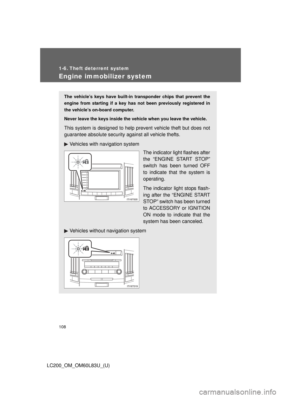 TOYOTA LAND CRUISER 2015 J200 Owners Manual 108
LC200_OM_OM60L83U_(U)
1-6. Theft deterrent system
Engine immobilizer system
The vehicle’s keys have built-in transponder chips that prevent the
engine from starting if a key has not been previo TOYOTA LAND CRUISER 2015 J200 Owners Manual 108
LC200_OM_OM60L83U_(U)
1-6. Theft deterrent system
Engine immobilizer system
The vehicle’s keys have built-in transponder chips that prevent the
engine from starting if a key has not been previo