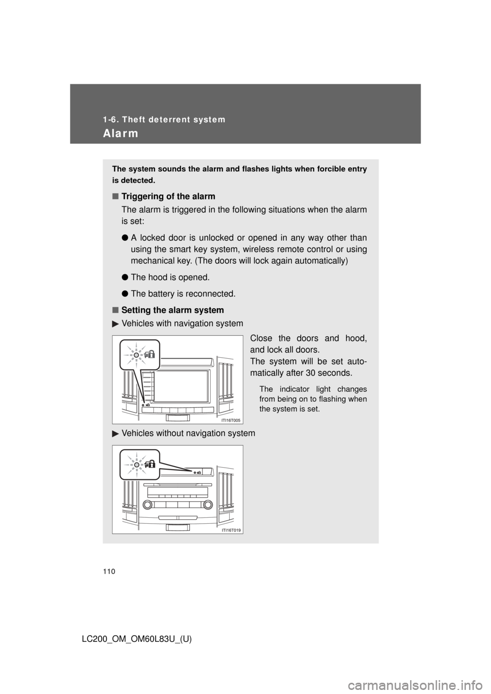 TOYOTA LAND CRUISER 2015 J200 Owners Manual 110
1-6. Theft deterrent system
LC200_OM_OM60L83U_(U)
Alarm
The system sounds the alarm and flashes lights when forcible entry
is detected.
■ Triggering of the alarm
The alarm is triggered in the fo TOYOTA LAND CRUISER 2015 J200 Owners Manual 110
1-6. Theft deterrent system
LC200_OM_OM60L83U_(U)
Alarm
The system sounds the alarm and flashes lights when forcible entry
is detected.
■ Triggering of the alarm
The alarm is triggered in the fo