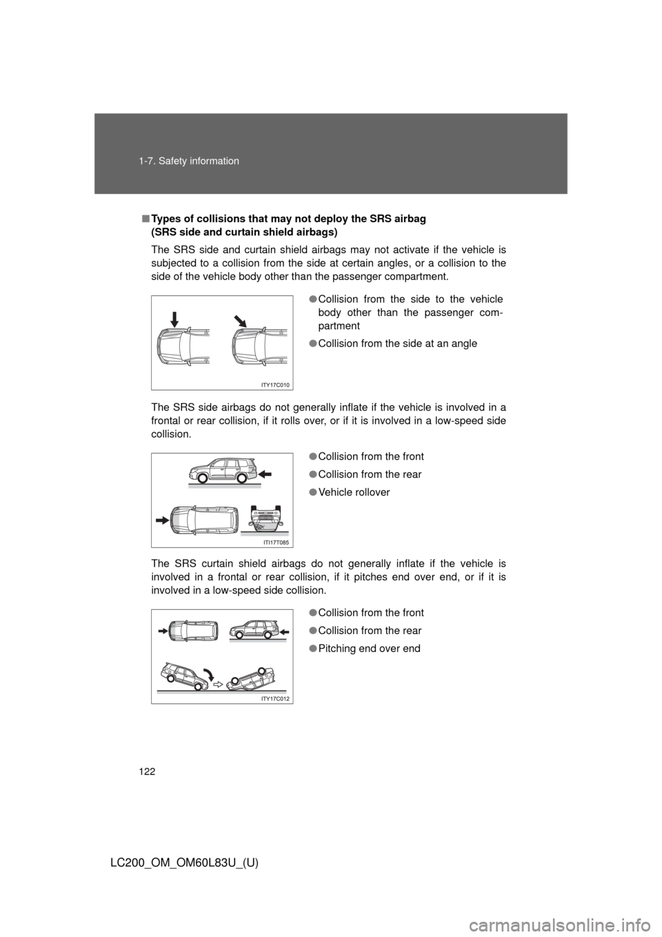 TOYOTA LAND CRUISER 2015 J200 Owners Manual 122 1-7. Safety information
LC200_OM_OM60L83U_(U)
■Types of collisions that m ay not deploy the SRS airbag
(SRS side and curtain shield airbags)
The SRS side and curtain shield airbags may not acti TOYOTA LAND CRUISER 2015 J200 Owners Manual 122 1-7. Safety information
LC200_OM_OM60L83U_(U)
■Types of collisions that m ay not deploy the SRS airbag
(SRS side and curtain shield airbags)
The SRS side and curtain shield airbags may not acti