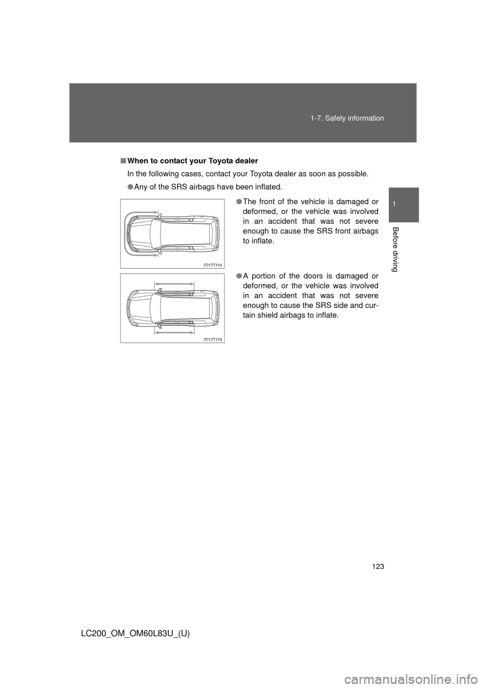 TOYOTA LAND CRUISER 2015 J200 Owners Manual 123
1-7. Safety information
1
Before driving
LC200_OM_OM60L83U_(U)
■
When to contact y our Toyota dealer
In the following cases, contact your Toyota dealer as soon as possible.
● Any of the SRS ai TOYOTA LAND CRUISER 2015 J200 Owners Manual 123
1-7. Safety information
1
Before driving
LC200_OM_OM60L83U_(U)
■
When to contact y our Toyota dealer
In the following cases, contact your Toyota dealer as soon as possible.
● Any of the SRS ai