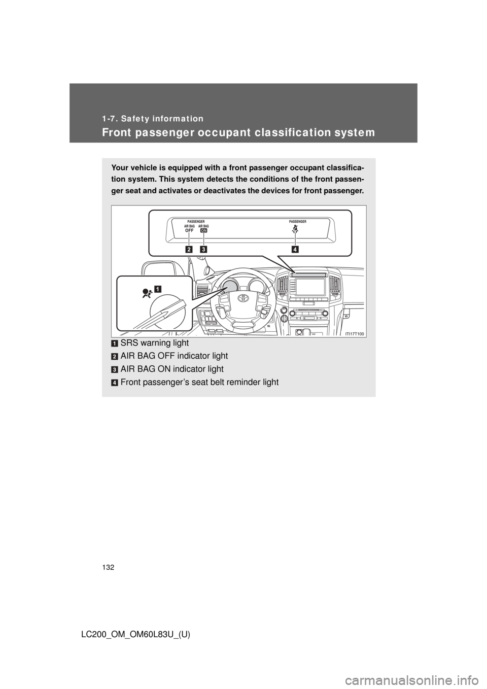 TOYOTA LAND CRUISER 2015 J200 Owners Manual 132
1-7. Safety information
LC200_OM_OM60L83U_(U)
Front passenger occupant classification system
Your vehicle is equipped with a front passenger occupant classifica-
tion system. This system detects t TOYOTA LAND CRUISER 2015 J200 Owners Manual 132
1-7. Safety information
LC200_OM_OM60L83U_(U)
Front passenger occupant classification system
Your vehicle is equipped with a front passenger occupant classifica-
tion system. This system detects t