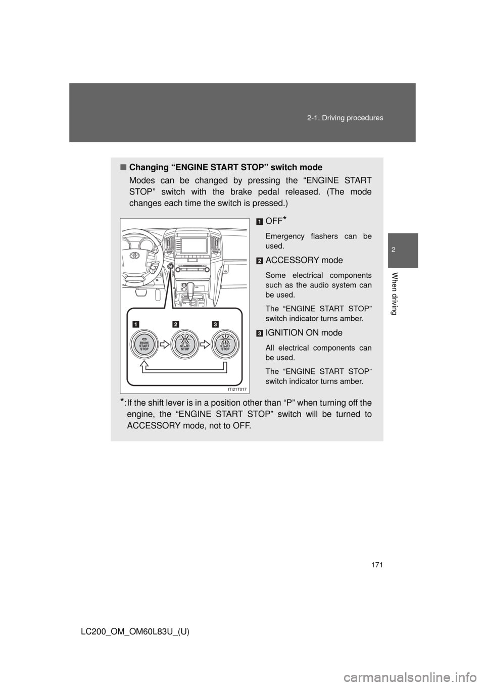 TOYOTA LAND CRUISER 2015 J200 Owners Manual 171
2-1. Driving procedures
2
When driving
LC200_OM_OM60L83U_(U)
■
Changing “ENGINE START STOP” switch mode
Modes can be changed by pressing the “ENGINE START
STOP” switch with the brake ped
