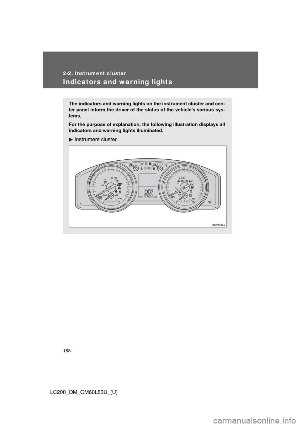 TOYOTA LAND CRUISER 2015 J200 Owners Manual 188
2-2. Instrument cluster
LC200_OM_OM60L83U_(U)
Indicators and warning lights
The indicators and warning lights on the instrument cluster and cen-
ter panel inform the driver of the  status of the v