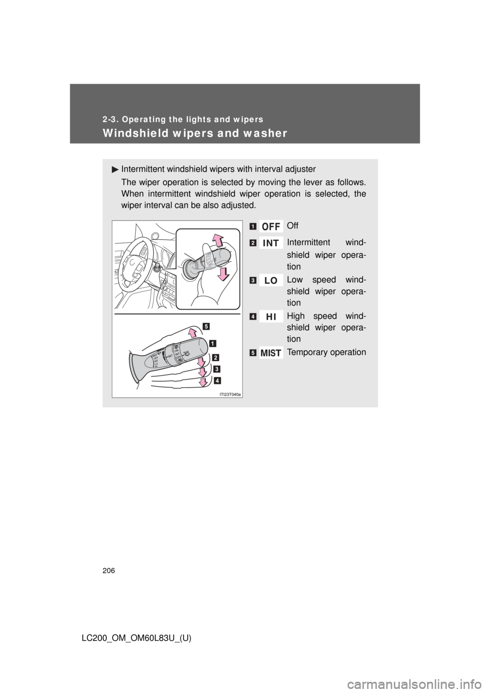 TOYOTA LAND CRUISER 2015 J200 Owners Manual 206
2-3. Operating the lights and wipers
LC200_OM_OM60L83U_(U)
Windshield wipers and washer
Intermittent windshield wipers with interval adjuster
The wiper operation is selected by moving the lever as