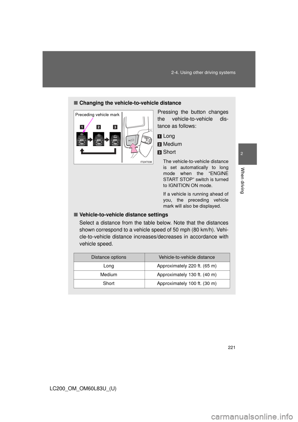 TOYOTA LAND CRUISER 2015 J200 Owners Manual 221
2-4. Using other
driving systems
2
When driving
LC200_OM_OM60L83U_(U)
■Changing the vehicle -to-vehicle distance
Pressing the button changes
the vehicle-to-vehicle dis-
tance as follows:
Long
M TOYOTA LAND CRUISER 2015 J200 Owners Manual 221
2-4. Using other
driving systems
2
When driving
LC200_OM_OM60L83U_(U)
■Changing the vehicle -to-vehicle distance
Pressing the button changes
the vehicle-to-vehicle dis-
tance as follows:
Long
M