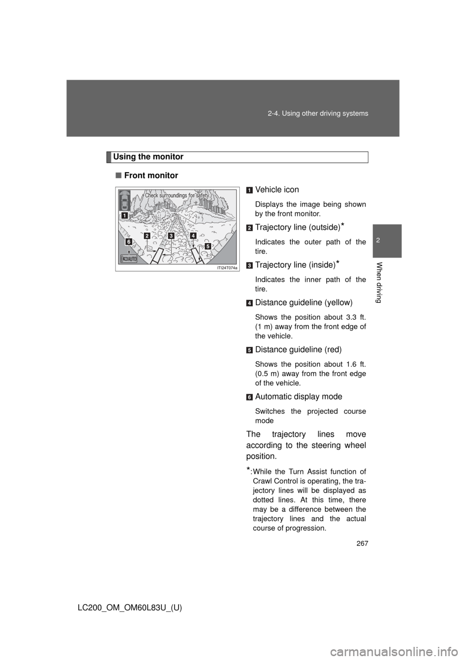 TOYOTA LAND CRUISER 2015 J200 Owners Manual 267
2-4. Using other 
driving systems
2
When driving
LC200_OM_OM60L83U_(U)
Using the monitor
■ Front monitor
Vehicle icon
Displays the image being shown
by the front monitor.
Trajectory line (outsid