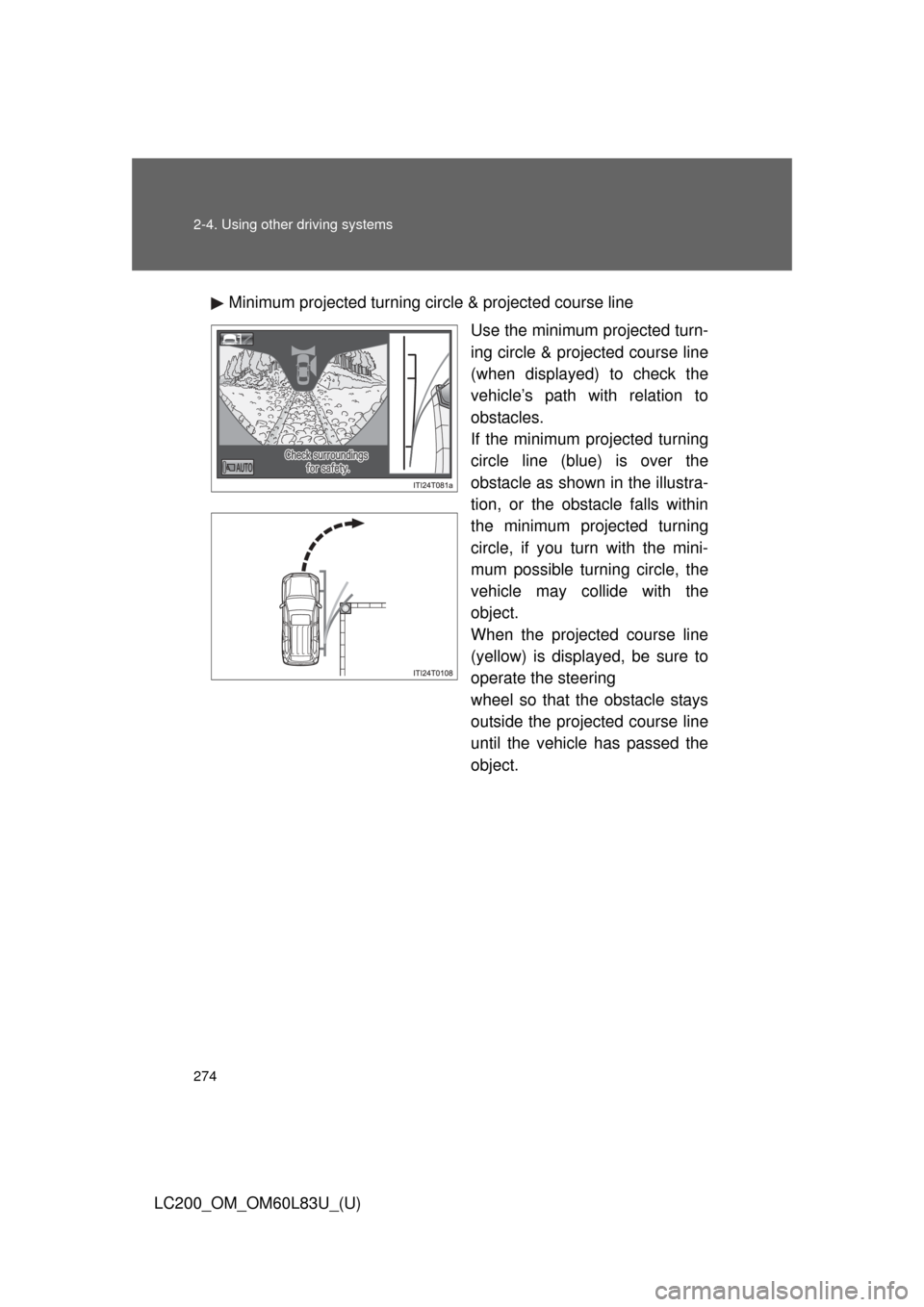 TOYOTA LAND CRUISER 2015 J200 Owners Manual 274 2-4. Using other driving systems
LC200_OM_OM60L83U_(U)Minimum projected turning circle & projected course line
Use the minimum projected turn-
ing circle & projected course line
(when displayed) t
