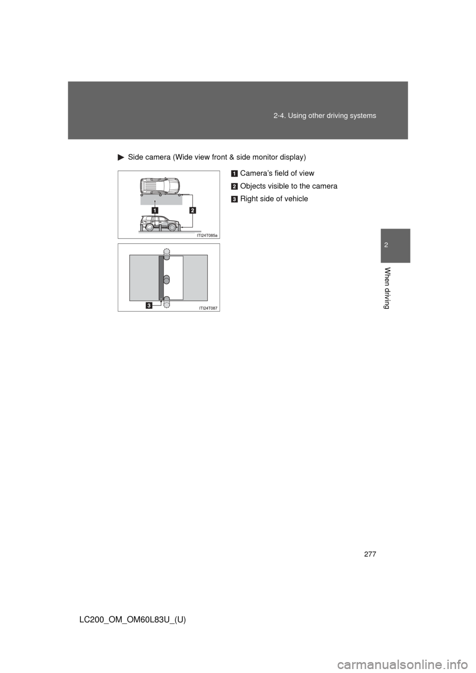 TOYOTA LAND CRUISER 2015 J200 Owners Manual 277
2-4. Using other 
driving systems
2
When driving
LC200_OM_OM60L83U_(U)
Side camera (Wide view front & side monitor display)
Camera’s field of view
Objects visible to the camera
Right side of veh