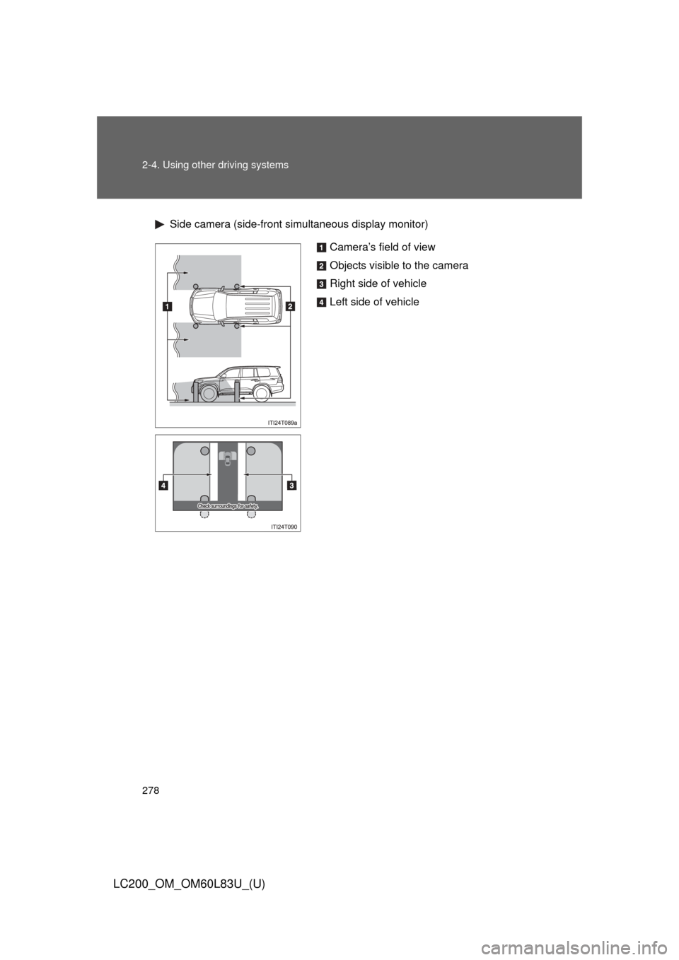 TOYOTA LAND CRUISER 2015 J200 Owners Manual 278 2-4. Using other driving systems
LC200_OM_OM60L83U_(U)
Side camera (side-front simultaneous display monitor)
Camera’s field of view
Objects visible to the camera
Right side of vehicle
Left side 