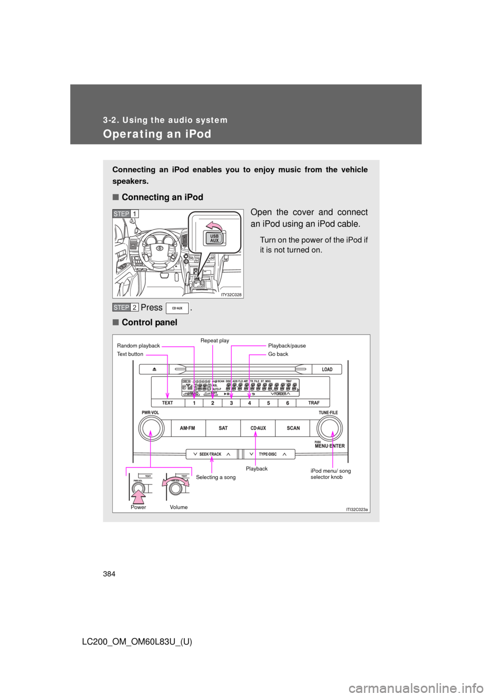TOYOTA LAND CRUISER 2015 J200 Owners Manual 384
3-2. Using the audio system
LC200_OM_OM60L83U_(U)
Operating an iPod
Connecting an iPod enables you to enjoy music from the vehicle
speakers.
■ Connecting an iPod
Open the cover and connect
an iP