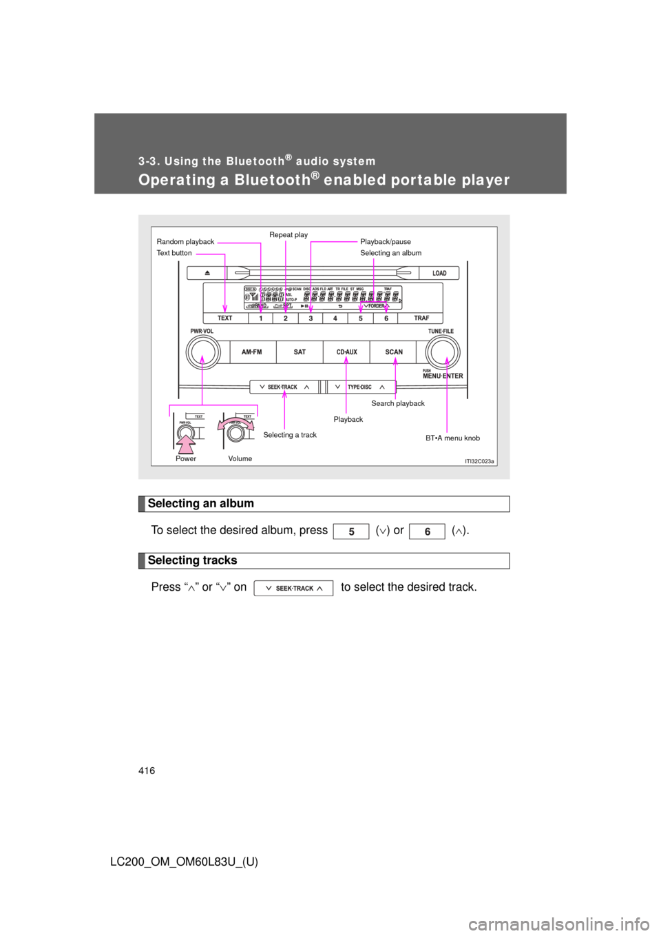 TOYOTA LAND CRUISER 2015 J200 Owners Manual 416
3-3. Using the Bluetooth® audio system
LC200_OM_OM60L83U_(U)
Operating a Bluetooth® enabled portable player
Selecting an albumTo select the desired album, press   ( ) or   ( ).
Selecting t