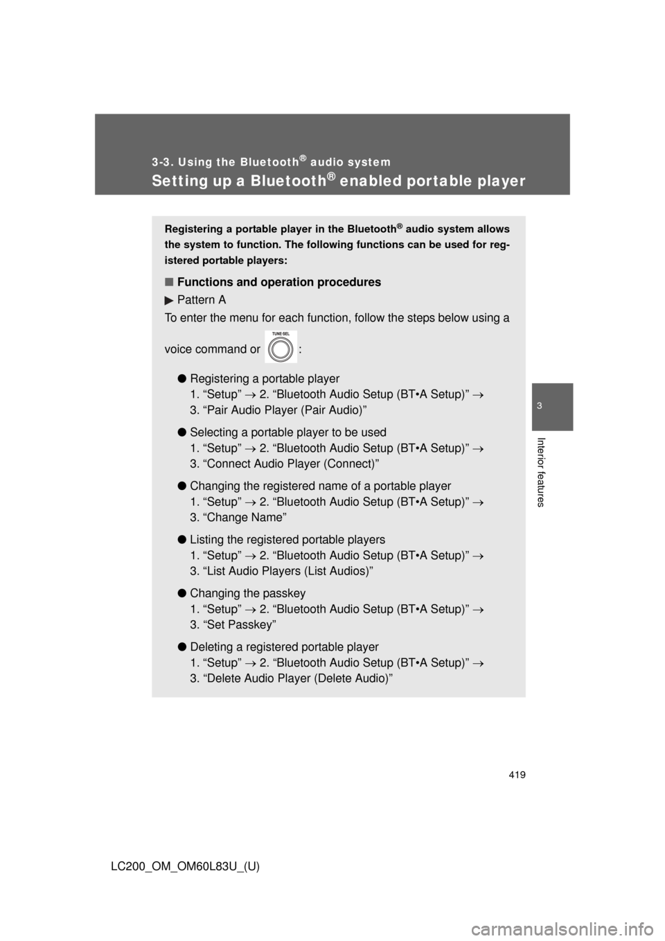 TOYOTA LAND CRUISER 2015 J200 Owners Manual 419
3-3. Using the Bluetooth® audio system
3
Interior features
LC200_OM_OM60L83U_(U)
Setting up a Bluetooth® enabled por table player
Registering a portable player in the Bluetooth® audio system al TOYOTA LAND CRUISER 2015 J200 Owners Manual 419
3-3. Using the Bluetooth® audio system
3
Interior features
LC200_OM_OM60L83U_(U)
Setting up a Bluetooth® enabled por table player
Registering a portable player in the Bluetooth® audio system al
