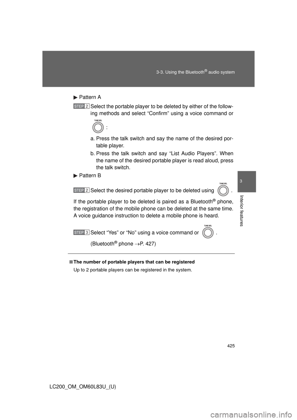 TOYOTA LAND CRUISER 2015 J200 Owners Manual 425
3-3. Using the Bluetooth
® audio system
3
Interior features
LC200_OM_OM60L83U_(U)
Pattern A
Select the portable player to be deleted by either of the follow-
ing methods and select “Confirm” TOYOTA LAND CRUISER 2015 J200 Owners Manual 425
3-3. Using the Bluetooth
® audio system
3
Interior features
LC200_OM_OM60L83U_(U)
Pattern A
Select the portable player to be deleted by either of the follow-
ing methods and select “Confirm”