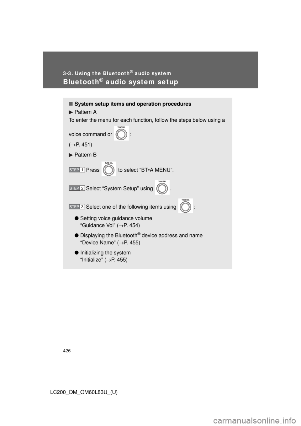 TOYOTA LAND CRUISER 2015 J200 Owners Manual 426
3-3. Using the Bluetooth® audio system
LC200_OM_OM60L83U_(U)
Bluetooth® audio system setup
■System setup items and operation procedures
Pattern A
To enter the menu for each function, follow th TOYOTA LAND CRUISER 2015 J200 Owners Manual 426
3-3. Using the Bluetooth® audio system
LC200_OM_OM60L83U_(U)
Bluetooth® audio system setup
■System setup items and operation procedures
Pattern A
To enter the menu for each function, follow th