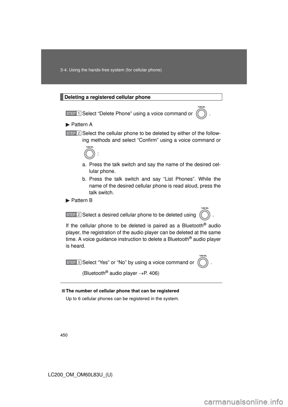 TOYOTA LAND CRUISER 2015 J200 Owners Manual 450 3-4. Using the hands-free system (for cellular phone)
LC200_OM_OM60L83U_(U)
Deleting a registered cellular phoneSelect “Delete Phone” using a voice command or  .
Pattern A Select the cellular 