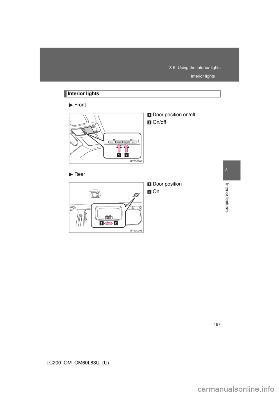 TOYOTA LAND CRUISER 2015 J200 Owners Manual 467
3-5. Using the interior lights
3
Interior features
LC200_OM_OM60L83U_(U)
Interior lights
Front Door position on/off
On/off
Rear Door position
On
ITY33C008
Interior lights 
