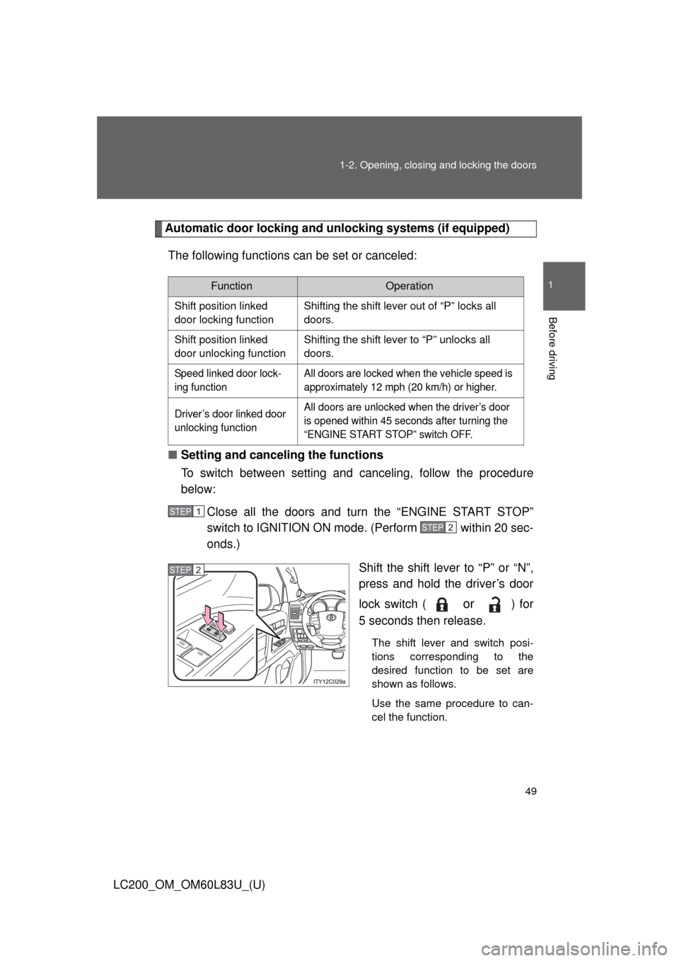 TOYOTA LAND CRUISER 2015 J200 Service Manual 49
1-2. Opening, closing and locking the doors
1
Before driving
LC200_OM_OM60L83U_(U)
Automatic door locking and unl
ocking systems (if equipped)
The following functions can be set or canceled:
■ Se TOYOTA LAND CRUISER 2015 J200 Service Manual 49
1-2. Opening, closing and locking the doors
1
Before driving
LC200_OM_OM60L83U_(U)
Automatic door locking and unl
ocking systems (if equipped)
The following functions can be set or canceled:
■ Se