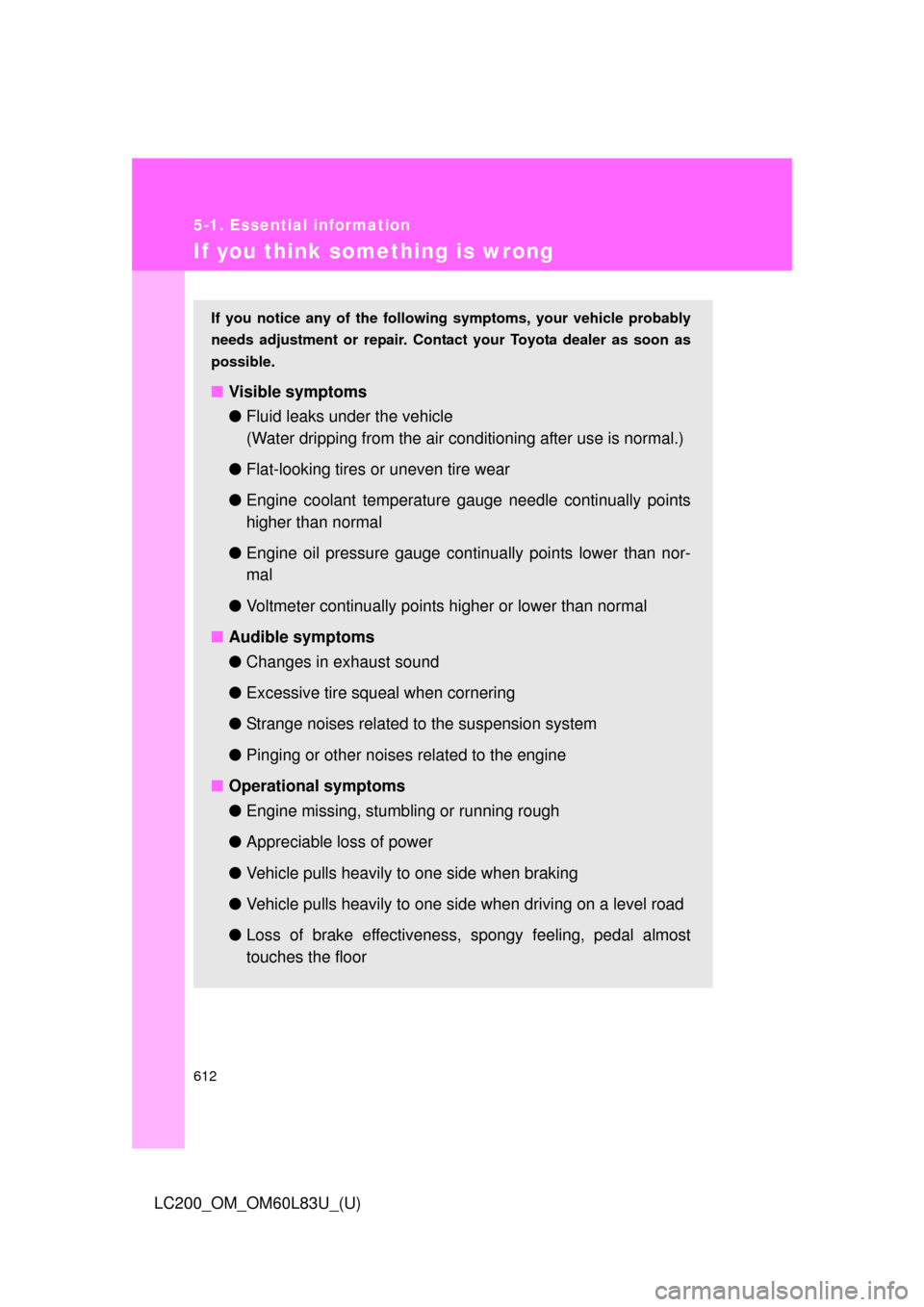 TOYOTA LAND CRUISER 2015 J200 Owners Manual 612
5-1. Essential information
LC200_OM_OM60L83U_(U)
If you think something is wrong
If you notice any of the following symptoms, your vehicle probably
needs adjustment or repair. Contact your Toyota TOYOTA LAND CRUISER 2015 J200 Owners Manual 612
5-1. Essential information
LC200_OM_OM60L83U_(U)
If you think something is wrong
If you notice any of the following symptoms, your vehicle probably
needs adjustment or repair. Contact your Toyota