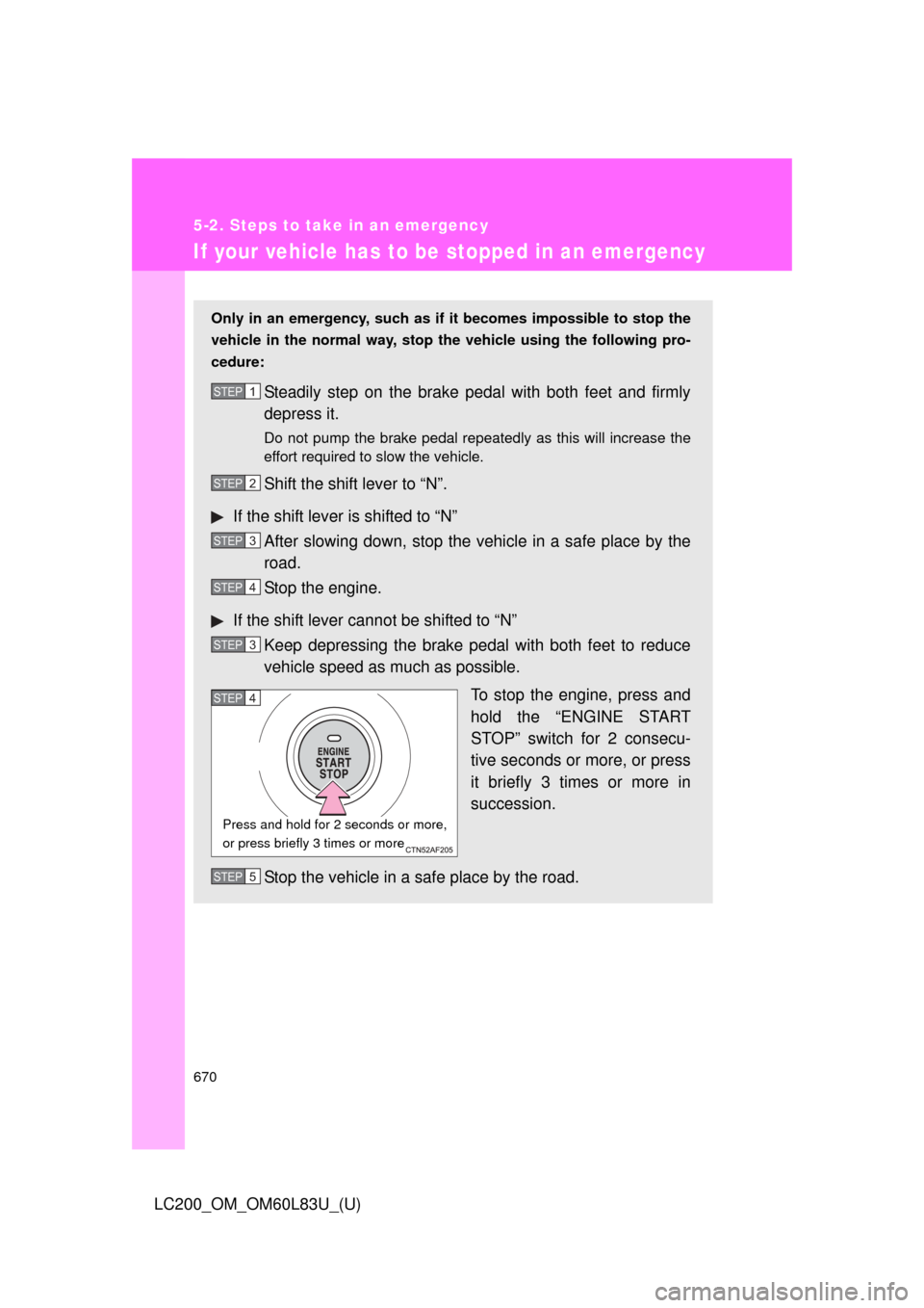 TOYOTA LAND CRUISER 2015 J200 Owners Manual 670
5-2. Steps to take in an emergency
LC200_OM_OM60L83U_(U)
If your vehicle has to be stopped in an emergency
Only in an emergency, such as if  it becomes impossible to stop the
vehicle in the normal
