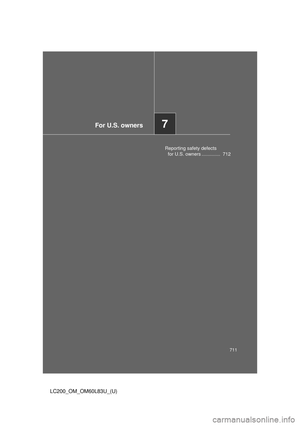 TOYOTA LAND CRUISER 2015 J200 Owners Manual For U.S. owners7
711
LC200_OM_OM60L83U_(U)
Reporting safety defects for U.S. owners .............. 712 TOYOTA LAND CRUISER 2015 J200 Owners Manual For U.S. owners7
711
LC200_OM_OM60L83U_(U)
Reporting safety defects for U.S. owners .............. 712