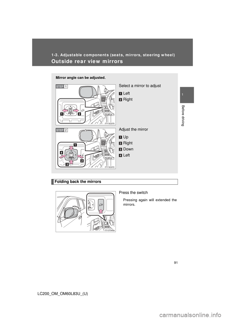 TOYOTA LAND CRUISER 2015 J200 Owners Manual 91
1
1-3. Adjustable components (seats, mirrors, steering wheel)
Before driving
LC200_OM_OM60L83U_(U)
Outside rear view mirrors
Folding back the mirrorsPress the switch
Pressing again will extended th