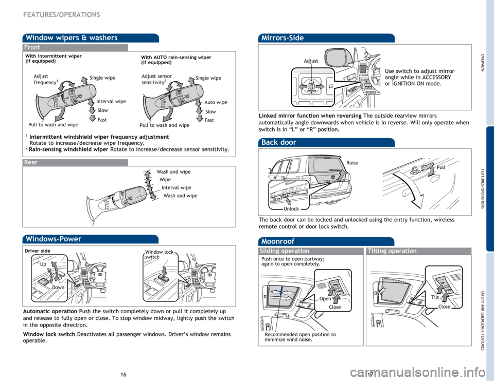 TOYOTA LAND CRUISER 2015 J200 Quick Reference Guide OVERVIEW
FEATURES/OPERATIONS
SAFETY AND EMERGENCY FEATURES
1617
Window wipers & washers
FEATURES/OPERATIONS
Back door
Pull
Unlock
The back door can be locked and unlocked using the entry function, wir TOYOTA LAND CRUISER 2015 J200 Quick Reference Guide OVERVIEW
FEATURES/OPERATIONS
SAFETY AND EMERGENCY FEATURES
1617
Window wipers & washers
FEATURES/OPERATIONS
Back door
Pull
Unlock
The back door can be locked and unlocked using the entry function, wir