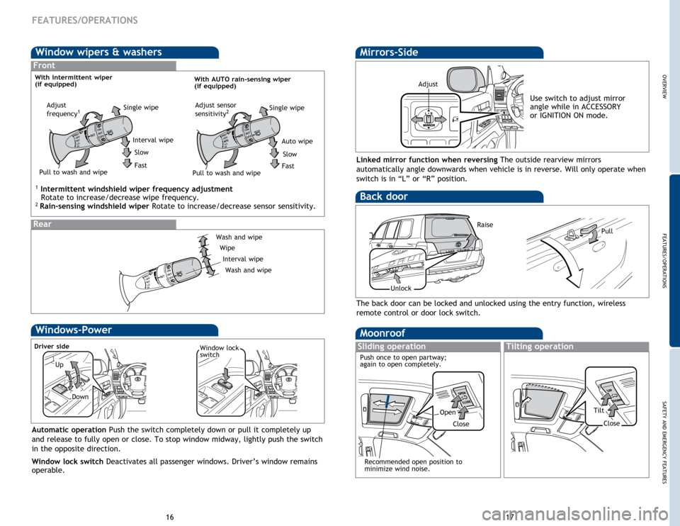 TOYOTA LAND CRUISER 2015 J200 Quick Reference Guide OVERVIEW
FEATURES/OPERATIONS
SAFETY AND EMERGENCY FEATURES
1617
Window wipers & washers
FEATURES/OPERATIONS
Back door
Pull
Unlock
The back door can be locked and unlocked using the entry function, wir