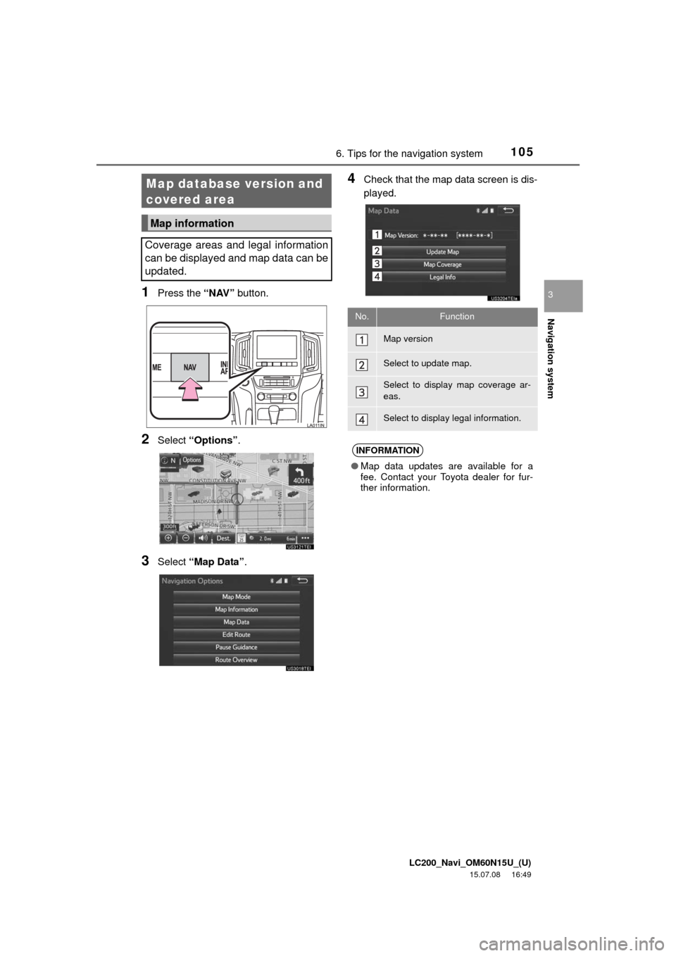 TOYOTA LAND CRUISER 2016 J200 Navigation Manual LC200_Navi_OM60N15U_(U)
15.07.08     16:49
Navigation system
3
1056. Tips for the navigation system
1Press the “NAV” button.
2Select “Options”.
3Select “Map Data”.
4Check that the map data