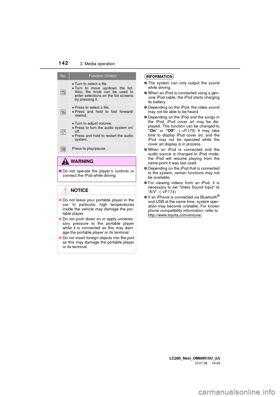 TOYOTA LAND CRUISER 2016 J200 Navigation Manual LC200_Navi_OM60N15U_(U)
15.07.08     16:49
1423. Media operation
Turn to select a file.
Turn to move up/down the list.
Also, the knob can be used to
enter selections on the list screens
by press