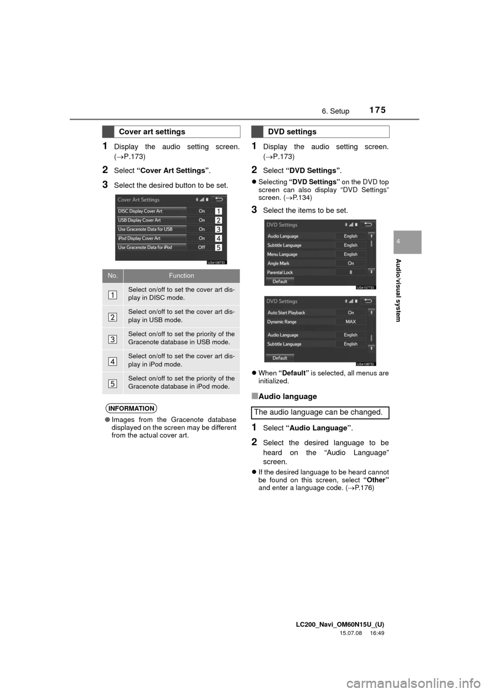TOYOTA LAND CRUISER 2016 J200 Navigation Manual LC200_Navi_OM60N15U_(U)
15.07.08 16:49
Audio/visual system
4
1756. Setup
1Display the audio setting screen.
(P.173)
2Select “Cover Art Settings”.
3Select the desired button to be set.
1Disp TOYOTA LAND CRUISER 2016 J200 Navigation Manual LC200_Navi_OM60N15U_(U)
15.07.08 16:49
Audio/visual system
4
1756. Setup
1Display the audio setting screen.
(P.173)
2Select “Cover Art Settings”.
3Select the desired button to be set.
1Disp
