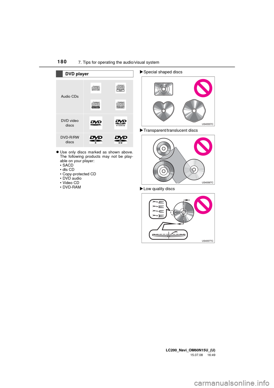 TOYOTA LAND CRUISER 2016 J200 Navigation Manual LC200_Navi_OM60N15U_(U)
15.07.08 16:49
1807. Tips for operating the audio/visual system
Use only discs marked as shown above.
The following products may not be play-
able on your player:
•SAC TOYOTA LAND CRUISER 2016 J200 Navigation Manual LC200_Navi_OM60N15U_(U)
15.07.08 16:49
1807. Tips for operating the audio/visual system
Use only discs marked as shown above.
The following products may not be play-
able on your player:
•SAC