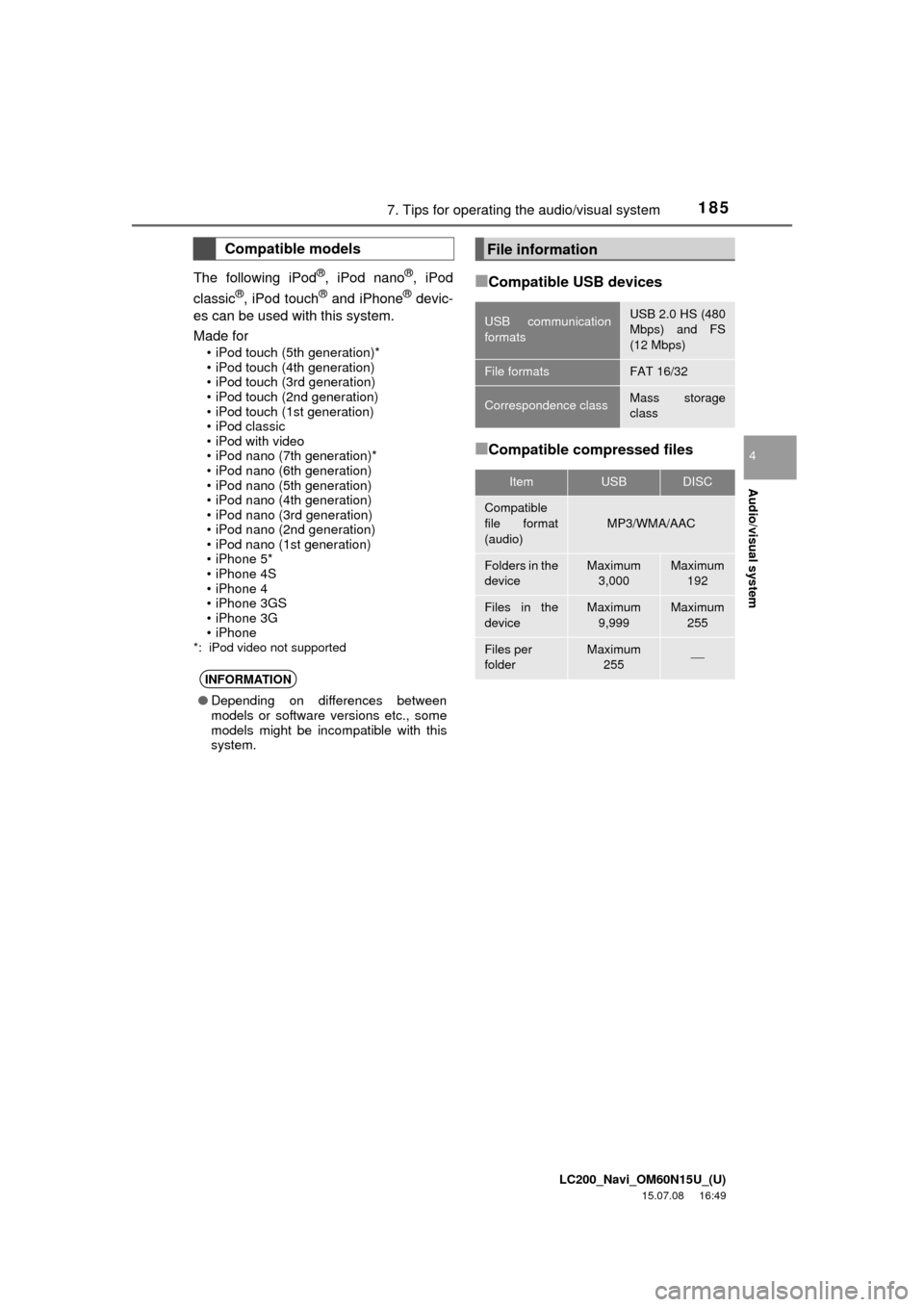 TOYOTA LAND CRUISER 2016 J200 Navigation Manual LC200_Navi_OM60N15U_(U)
15.07.08     16:49
Audio/visual system
4
1857. Tips for operating the audio/visual system
The following iPod
®, iPod nano®, iPod
classic®, iPod touch® and iPhone® devic-
e