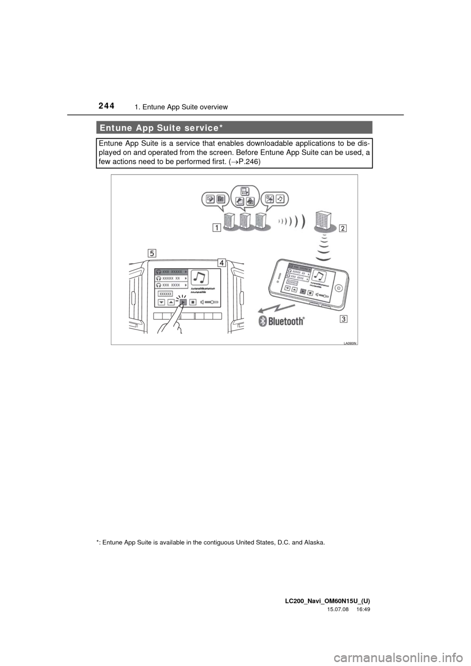 TOYOTA LAND CRUISER 2016 J200 Navigation Manual LC200_Navi_OM60N15U_(U)
15.07.08 16:49
2441. Entune App Suite overview
Entune App Suite service*
Entune App Suite is a service that enables downloadable applications to be dis-
played on and opera TOYOTA LAND CRUISER 2016 J200 Navigation Manual LC200_Navi_OM60N15U_(U)
15.07.08 16:49
2441. Entune App Suite overview
Entune App Suite service*
Entune App Suite is a service that enables downloadable applications to be dis-
played on and opera