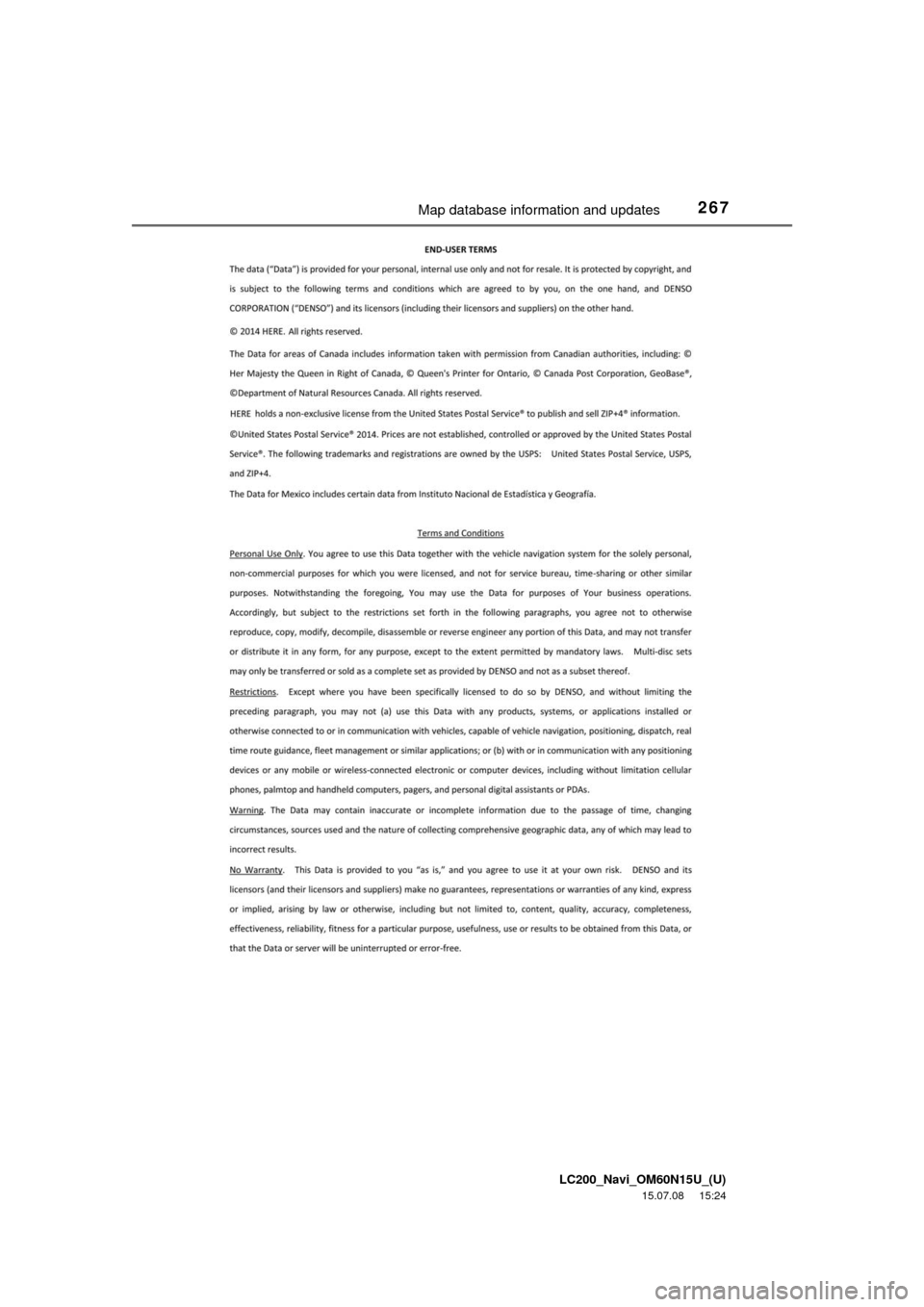 TOYOTA LAND CRUISER 2016 J200 Navigation Manual LC200_Navi_OM60N15U_(U)
15.07.08     15:24
267Map database information and updates 