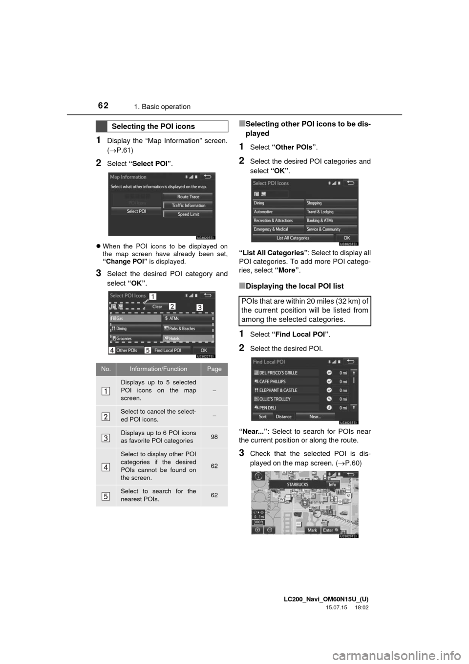 TOYOTA LAND CRUISER 2016 J200 Navigation Manual LC200_Navi_OM60N15U_(U)
15.07.15 18:02
621. Basic operation
1Display the “Map Information” screen.
(P.61)
2Select “Select POI”.
When the POI icons to be displayed on
the map screen h TOYOTA LAND CRUISER 2016 J200 Navigation Manual LC200_Navi_OM60N15U_(U)
15.07.15 18:02
621. Basic operation
1Display the “Map Information” screen.
(P.61)
2Select “Select POI”.
When the POI icons to be displayed on
the map screen h