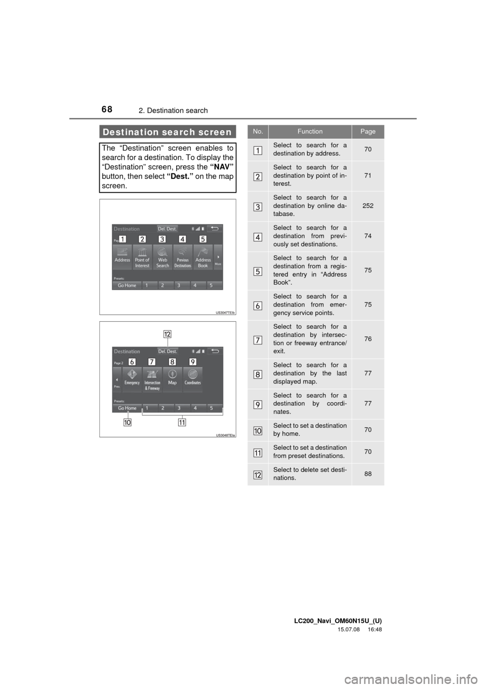 TOYOTA LAND CRUISER 2016 J200 Navigation Manual LC200_Navi_OM60N15U_(U)
15.07.08     16:48
682. Destination search
Destination search screen
The “Destination” screen enables to
search for a destination. To display the
“Destination” screen, 