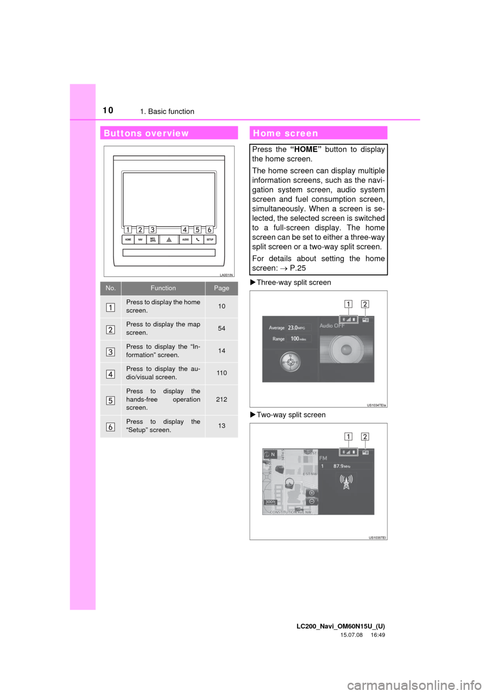 TOYOTA LAND CRUISER 2016 J200 Navigation Manual LC200_Navi_OM60N15U_(U)
15.07.08 16:49
101. Basic function
Three-way split screen
Two-way split screen
Buttons overview
No.FunctionPage
Press to display the home
screen.10
Press to display t TOYOTA LAND CRUISER 2016 J200 Navigation Manual LC200_Navi_OM60N15U_(U)
15.07.08 16:49
101. Basic function
Three-way split screen
Two-way split screen
Buttons overview
No.FunctionPage
Press to display the home
screen.10
Press to display t