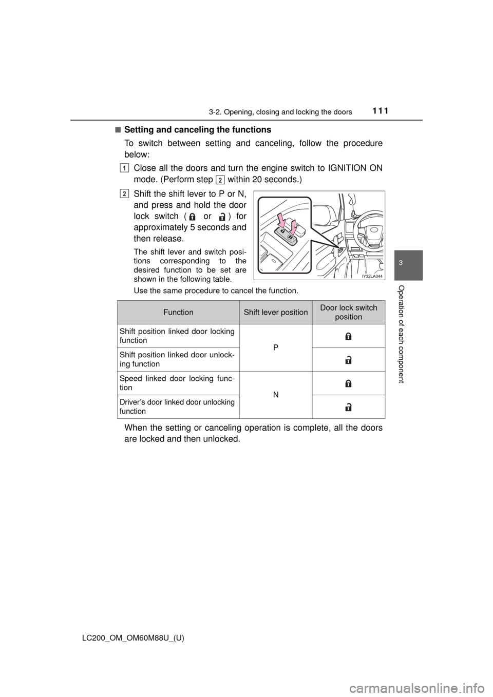 TOYOTA LAND CRUISER 2016 J200 Owners Manual LC200_OM_OM60M88U_(U)
1113-2. Opening, closing and locking the doors
3
Operation of each component
■Setting and canceling the functions
To switch between setting and canceling, follow the procedure
TOYOTA LAND CRUISER 2016 J200 Owners Manual LC200_OM_OM60M88U_(U)
1113-2. Opening, closing and locking the doors
3
Operation of each component
■Setting and canceling the functions
To switch between setting and canceling, follow the procedure