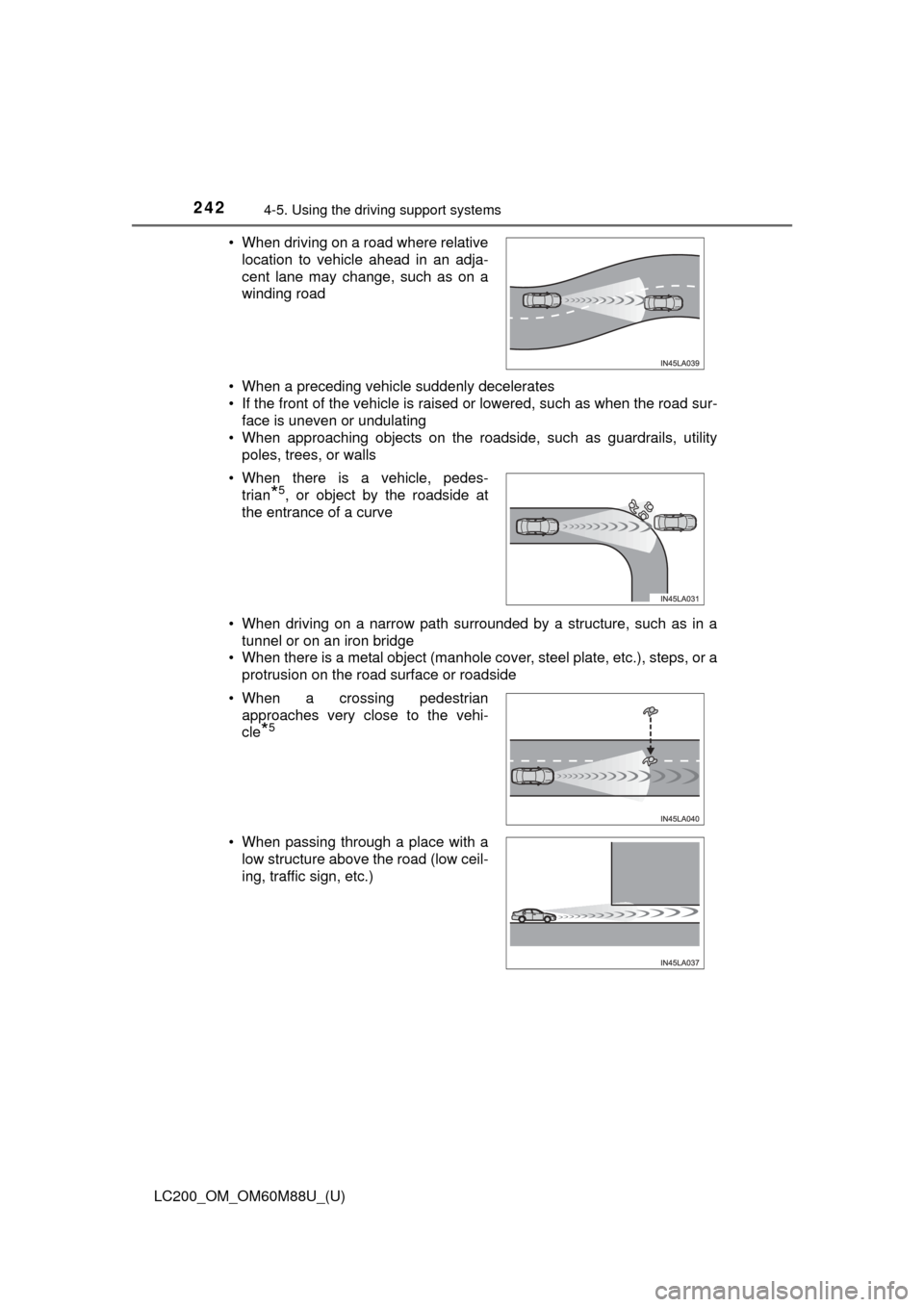 TOYOTA LAND CRUISER 2016 J200 Owners Manual 242
LC200_OM_OM60M88U_(U)
4-5. Using the driving support systems
• When a preceding vehicle suddenly decelerates
• If the front of the vehicle is raised or lowered, such as when the road sur-
face TOYOTA LAND CRUISER 2016 J200 Owners Manual 242
LC200_OM_OM60M88U_(U)
4-5. Using the driving support systems
• When a preceding vehicle suddenly decelerates
• If the front of the vehicle is raised or lowered, such as when the road sur-
face