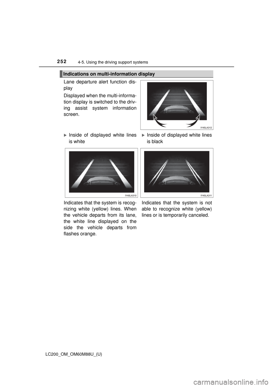 TOYOTA LAND CRUISER 2016 J200 Owners Manual 252
LC200_OM_OM60M88U_(U)
4-5. Using the driving support systems
Lane departure alert function dis-
play
Displayed when the multi-informa-
tion display is switched to the driv-
ing assist system infor TOYOTA LAND CRUISER 2016 J200 Owners Manual 252
LC200_OM_OM60M88U_(U)
4-5. Using the driving support systems
Lane departure alert function dis-
play
Displayed when the multi-informa-
tion display is switched to the driv-
ing assist system infor