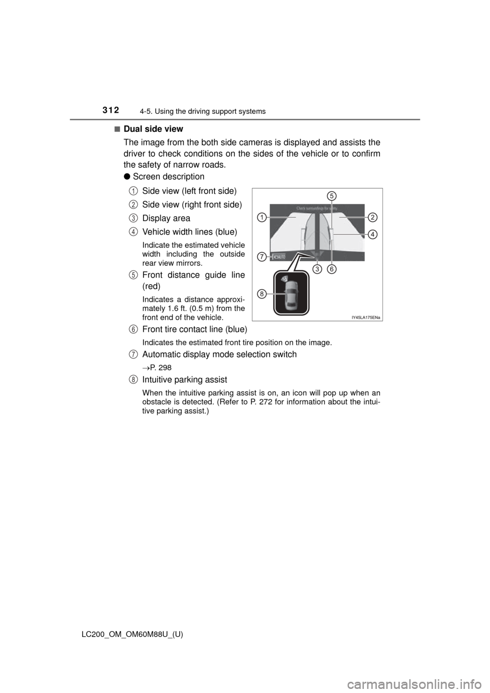 TOYOTA LAND CRUISER 2016 J200 Owners Manual 312
LC200_OM_OM60M88U_(U)
4-5. Using the driving support systems
■Dual side view
The image from the both side came ras is displayed and assists the
driver to check conditions on the sides of the veh TOYOTA LAND CRUISER 2016 J200 Owners Manual 312
LC200_OM_OM60M88U_(U)
4-5. Using the driving support systems
■Dual side view
The image from the both side came ras is displayed and assists the
driver to check conditions on the sides of the veh