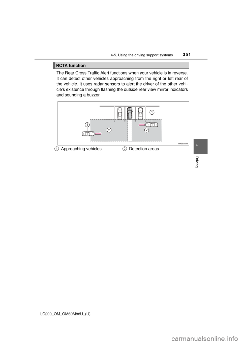 TOYOTA LAND CRUISER 2016 J200 Owners Manual LC200_OM_OM60M88U_(U)
3514-5. Using the driving support systems
4
Driving
The Rear Cross Traffic Alert functions when your vehicle is in reverse.
It can detect other vehicles approaching from the righ